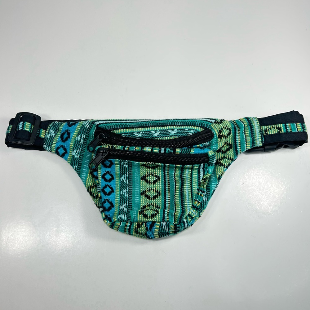 Baja indie Waist Fanny Pack Bag Hippie Spanish Boho Retro Knit Aqua / Yellow BLK